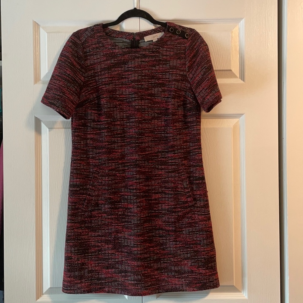 Loft shortsleeved tweed pink/black pocketed dress!